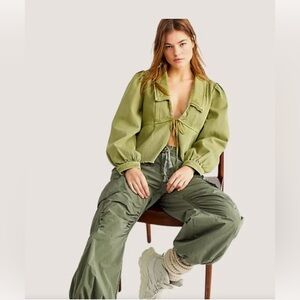 NWOT Free People Katrina Bed Jacket In Moss Green, Front Tie